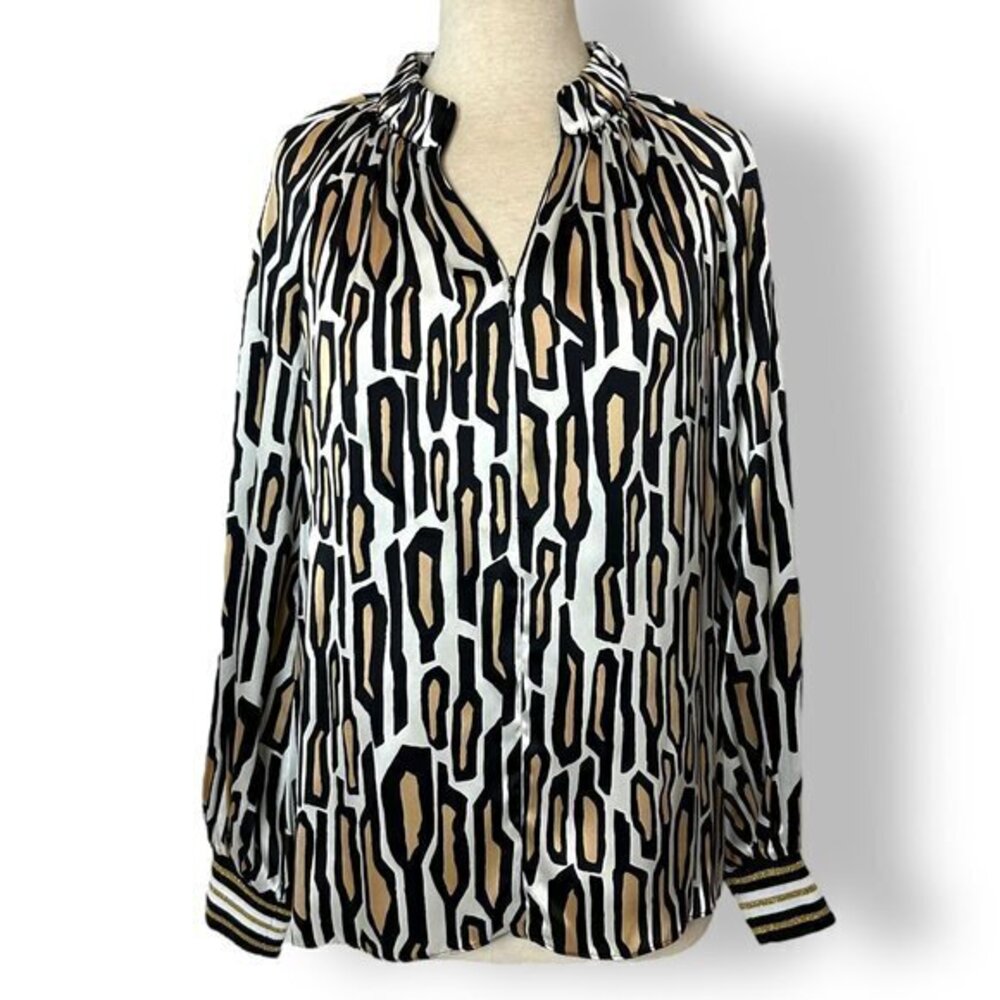 Alice and Trixie Black White Gold Silk Blouse Knit Cuffs, Zippered Collar, Sz S